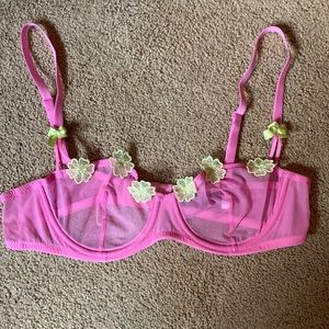 Pink lace Adore Me push up bra and underwear. With lights green floral trim.